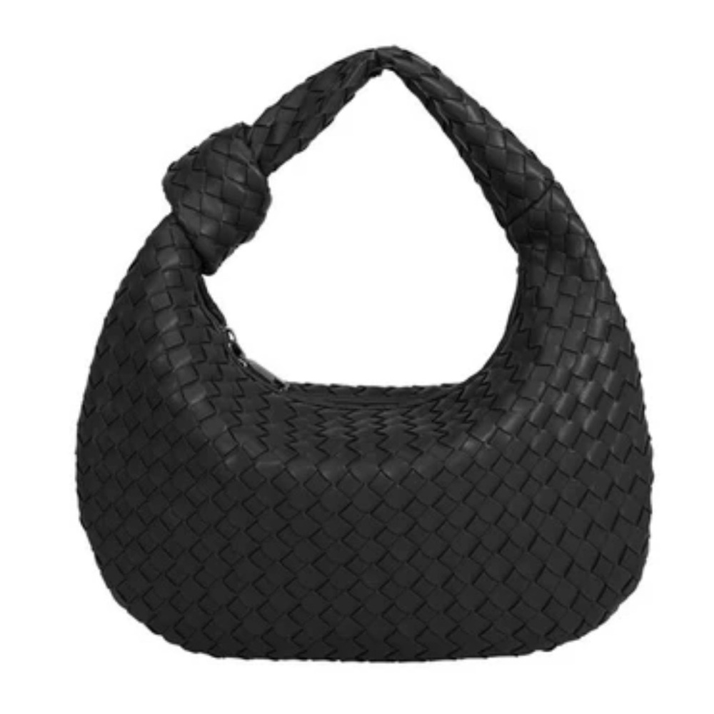 Melie Bianco Black Drew Small Woven Hobo Bag With Knot and Zipper